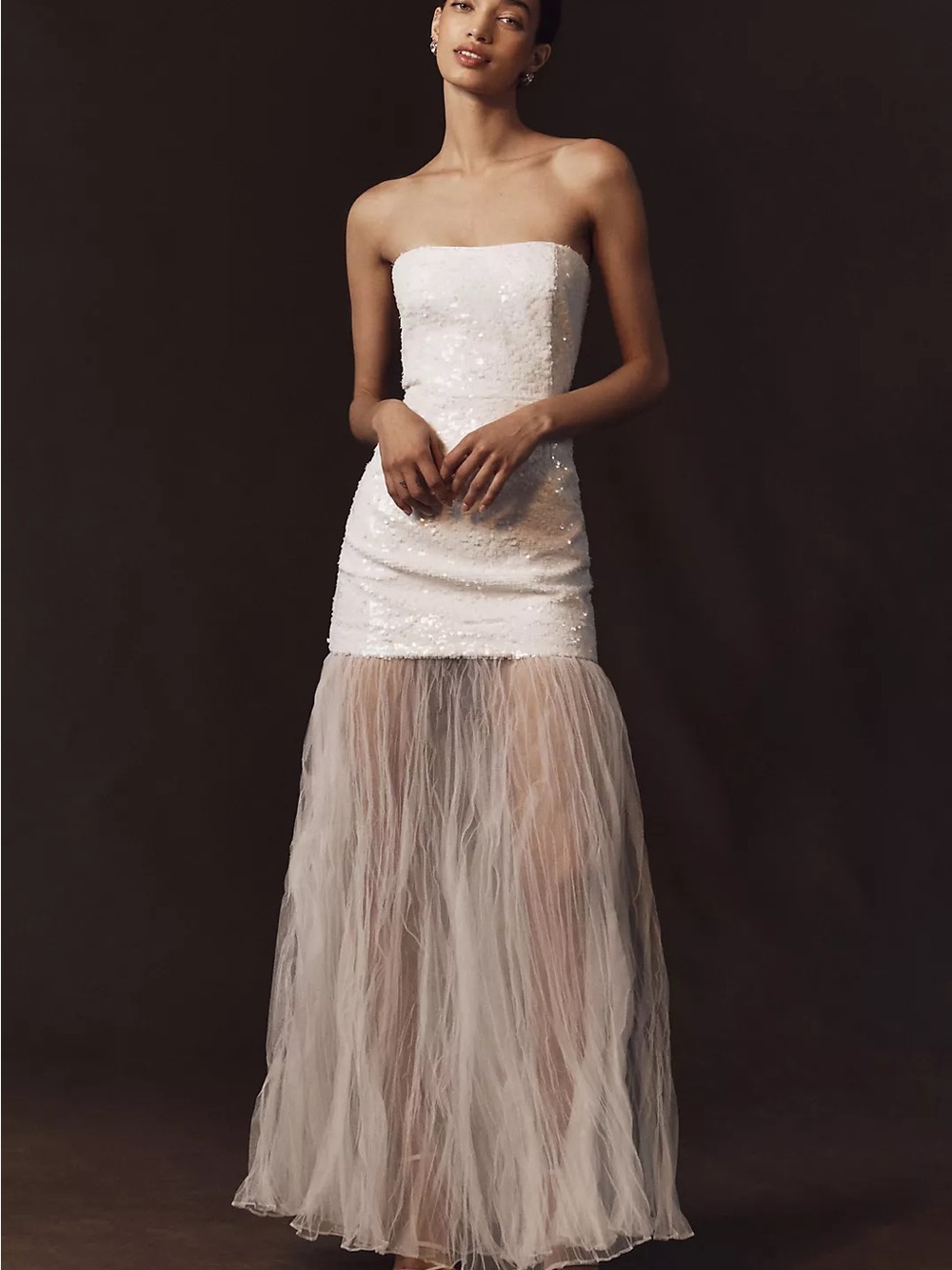 Shona Joy White Strapless Sequin Mini Dress with Sheer Tulle Skirt